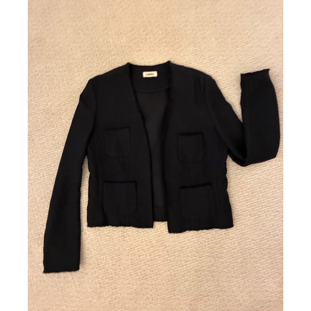 L'AGENCE Black Cotton Linen Fringe Open Front Jacket Size 6 1004LC